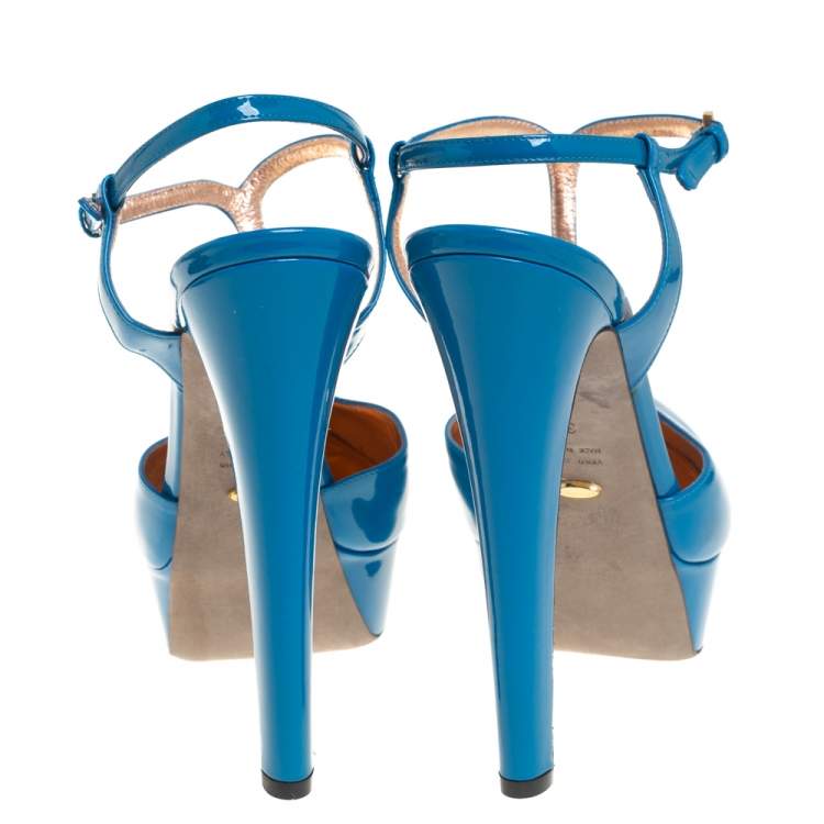 Pre Owned Sergio Rossi Blue Patent Leather T-Strap Platform Sandals Size 39