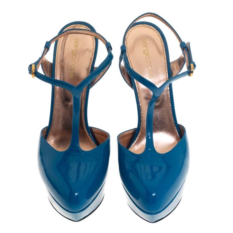Pre Owned Sergio Rossi Blue Patent Leather T-Strap Platform Sandals Size 39