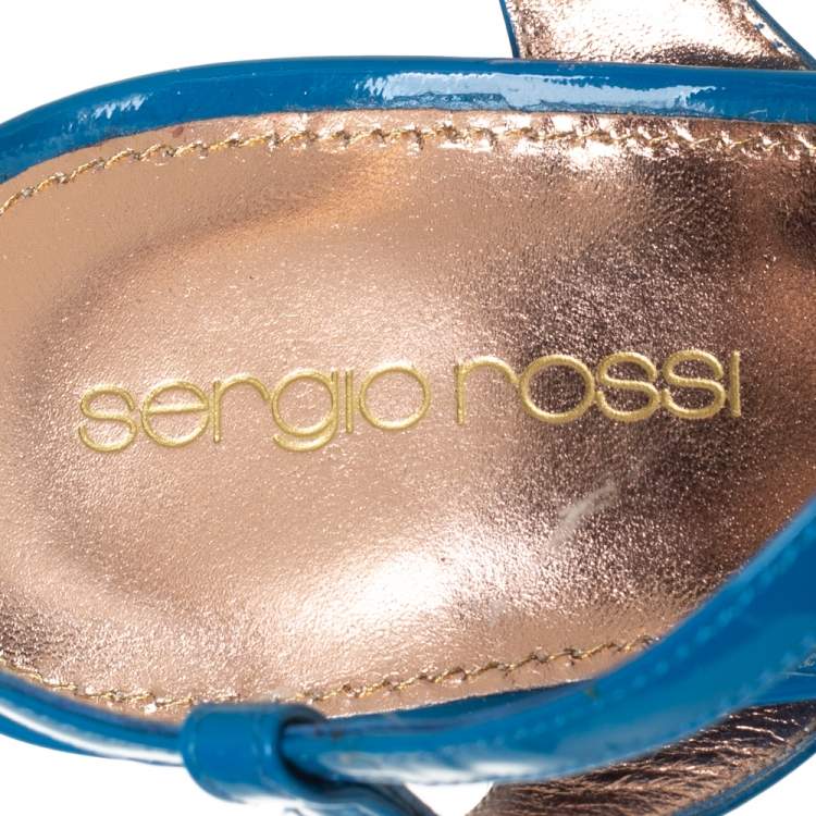 Pre Owned Sergio Rossi Blue Patent Leather T-Strap Platform Sandals Size 39