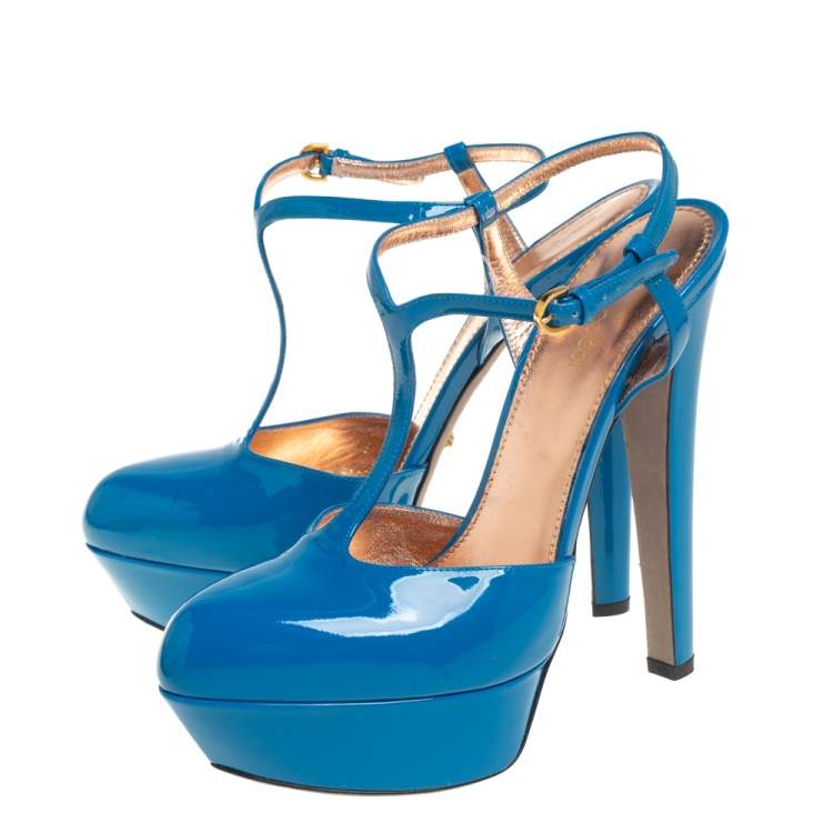 Pre Owned Sergio Rossi Blue Patent Leather T-Strap Platform Sandals Size 39