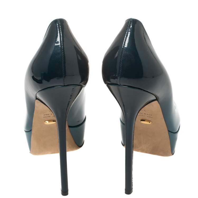 Pre Owned Sergio Rossi Blue Patent Leather Peep Toe Platform Pumps Size 39