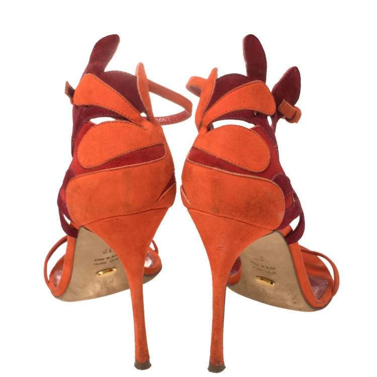 Pre Owned Sergio Rossi Orange/Maroon Suede Matisse Ankle Strap Sandals Size 39