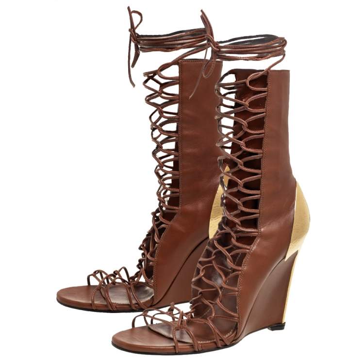 Pre Owned Sergio Rossi Brown Leather Gladiator Sandals Size 36.5