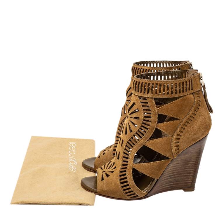 Pre Owned Sergio Rossi Brown Laser Cut Suede Open Toe Booties Size 36