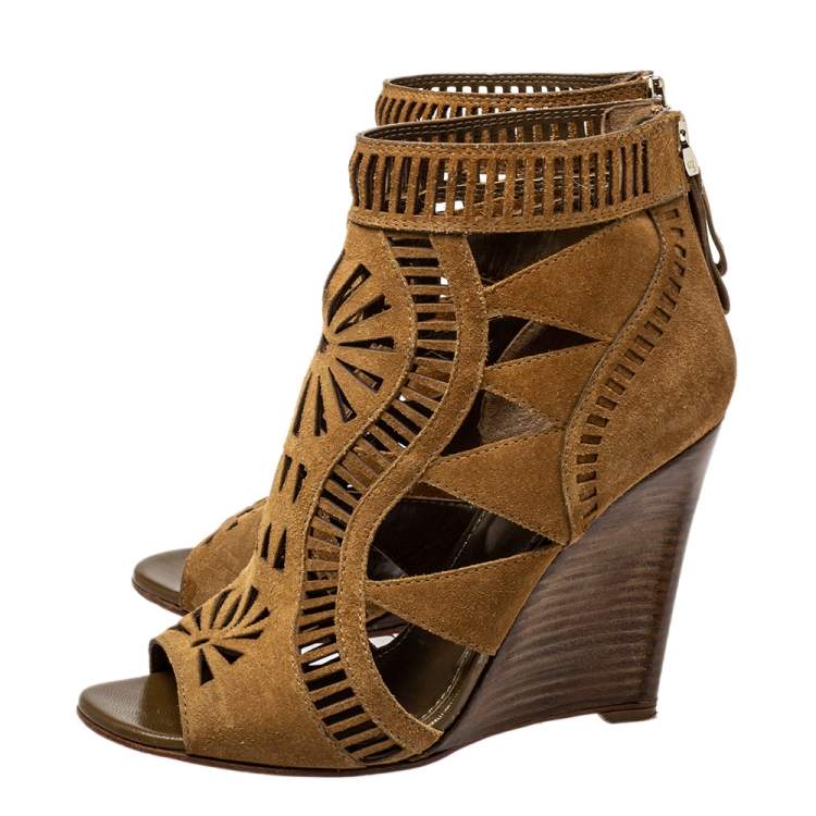 Pre Owned Sergio Rossi Brown Laser Cut Suede Open Toe Booties Size 36