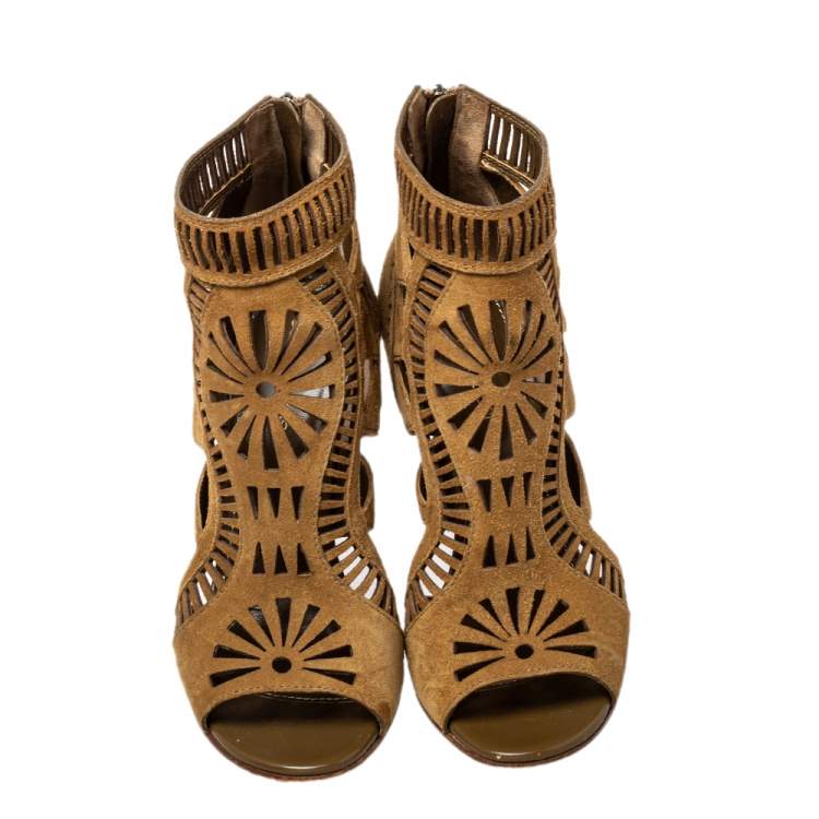Pre Owned Sergio Rossi Brown Laser Cut Suede Open Toe Booties Size 36