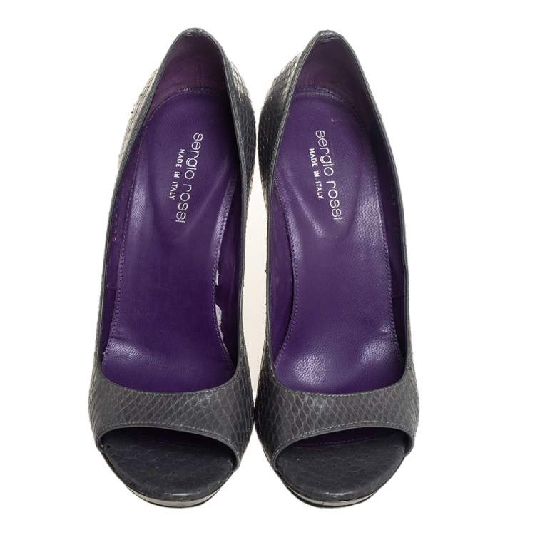 Pre Owned Sergio Rossi Grey Python Leather Peep Toe Pumps Size 37.5