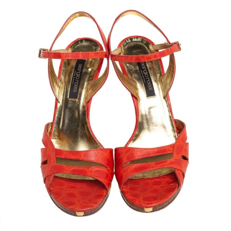 Pre Owned Sergio Rossi Orange Croc Embossed Leather Ankle Strap Sandals Size 37.5