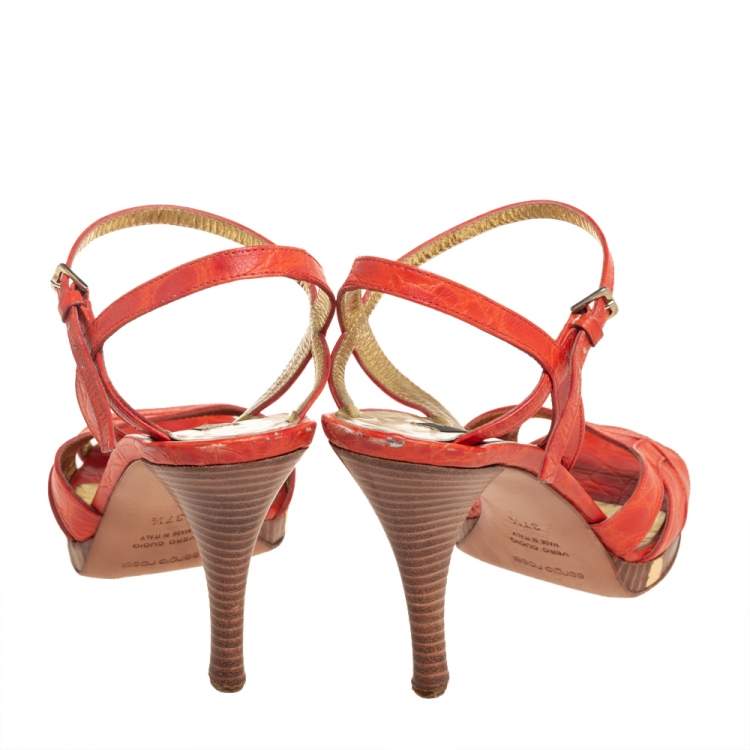 Pre Owned Sergio Rossi Orange Croc Embossed Leather Ankle Strap Sandals Size 37.5
