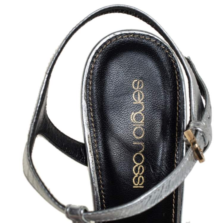Pre Owned Sergio Rossi Metallic Silver Textured Leather Edwige Platform Ankle Strap Sandals Size 36
