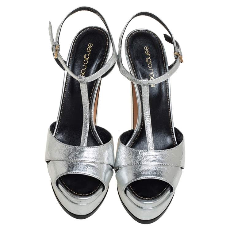 Pre Owned Sergio Rossi Metallic Silver Textured Leather Edwige Platform Ankle Strap Sandals Size 36