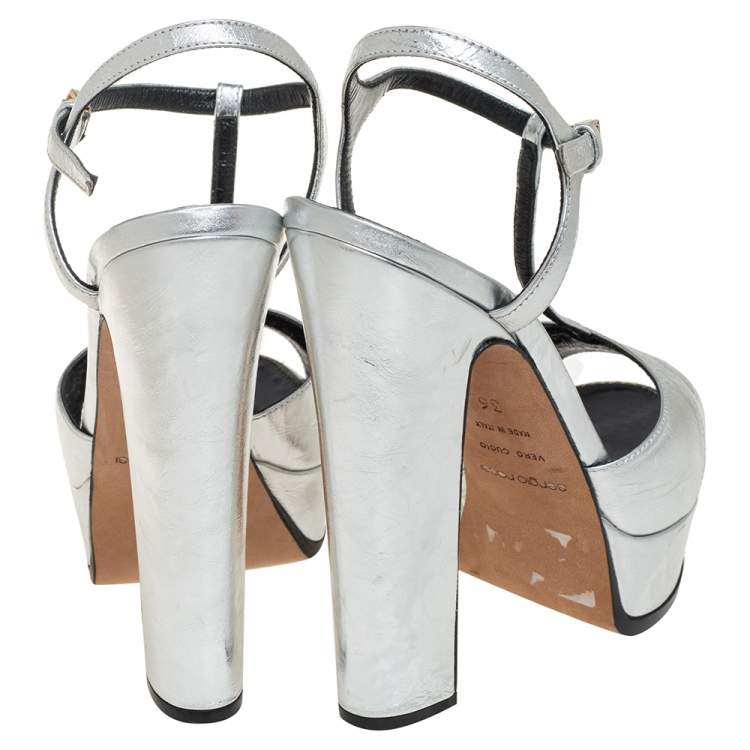 Pre Owned Sergio Rossi Metallic Silver Textured Leather Edwige Platform Ankle Strap Sandals Size 36