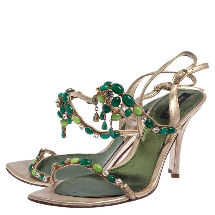 Pre Owned Sergio Rossi Gold Leather Jewel Embellished Ankle Strap Sandals Size 38.5