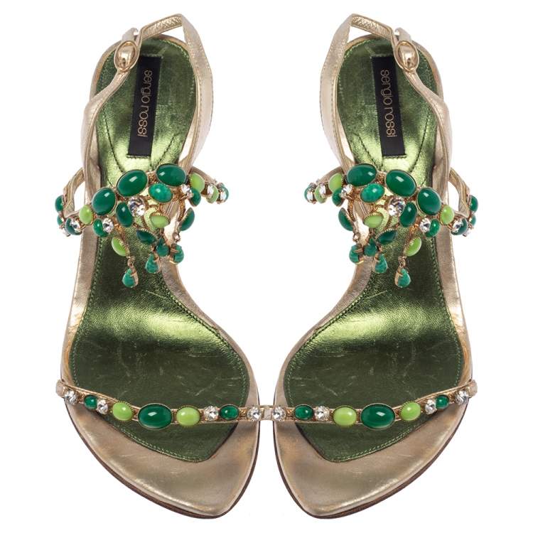 Pre Owned Sergio Rossi Gold Leather Jewel Embellished Ankle Strap Sandals Size 38.5