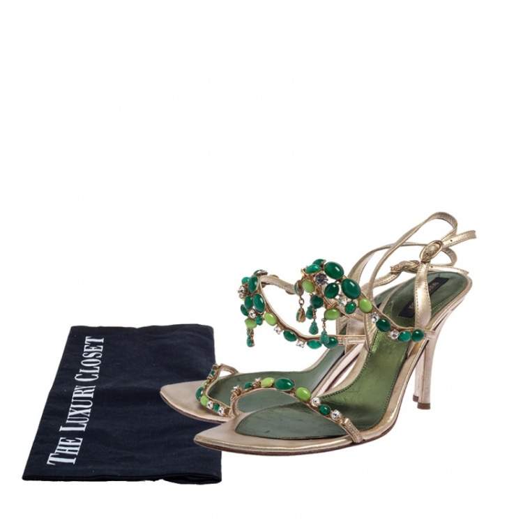 Pre Owned Sergio Rossi Gold Leather Jewel Embellished Ankle Strap Sandals Size 38.5