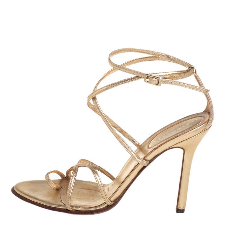 Pre Owned Sergio Rossi Gold Leather Strappy Sandals Size 38