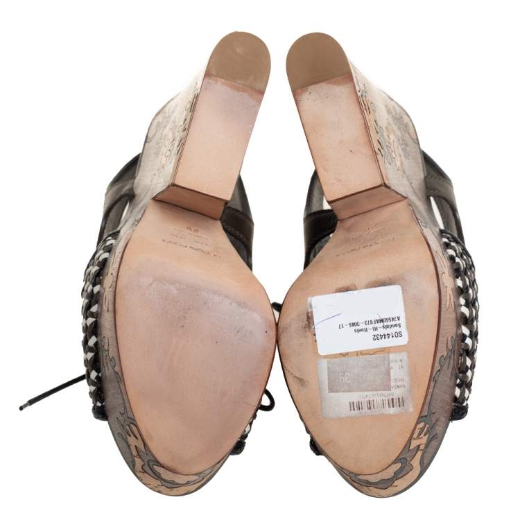 Pre Owned Sergio Rossi Multicolor Braided Leather Platform Lace Up Sandals Size 39