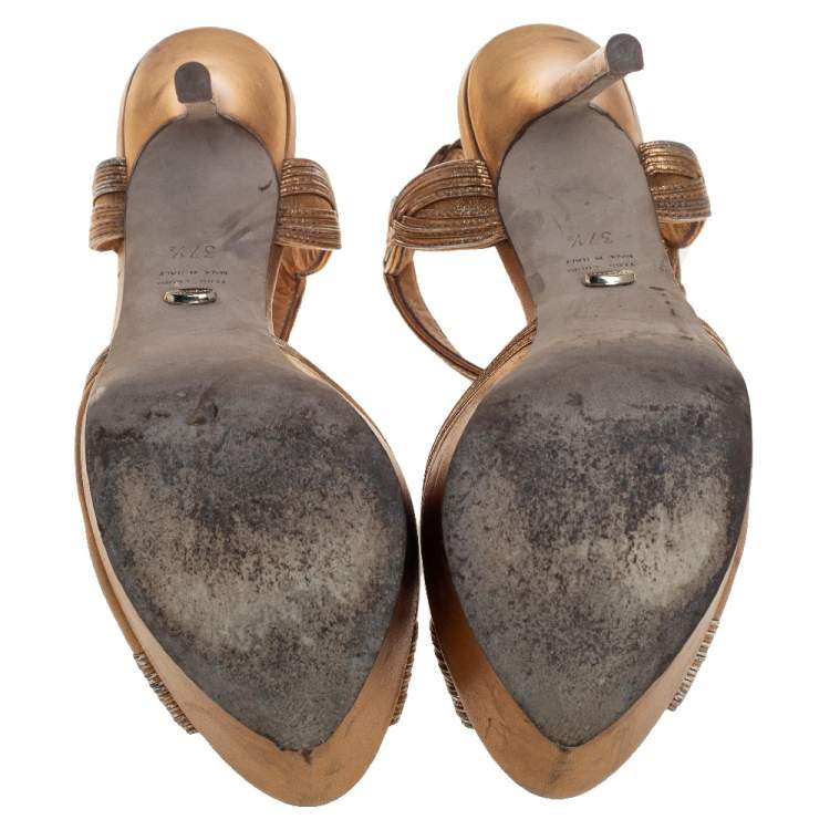 Pre Owned Sergio Rossi Metallic Gold Open Toe Platform T Strap Sandals Size 37.5