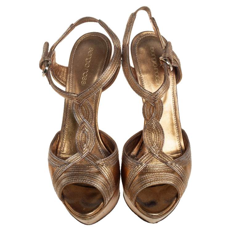 Pre Owned Sergio Rossi Metallic Gold Open Toe Platform T Strap Sandals Size 37.5