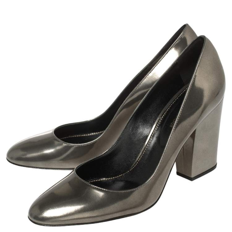 Pre Owned Sergio Rossi Olive Green Patent Leather Block Heel Pumps Size 41