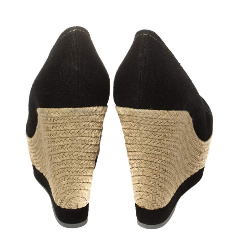 Pre Owned Sergio Rossi Black Canvas Platform Espadrille Wedge  Pumps Size 38.5