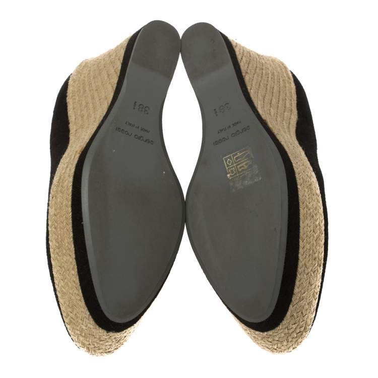 Pre Owned Sergio Rossi Black Canvas Platform Espadrille Wedge  Pumps Size 38.5