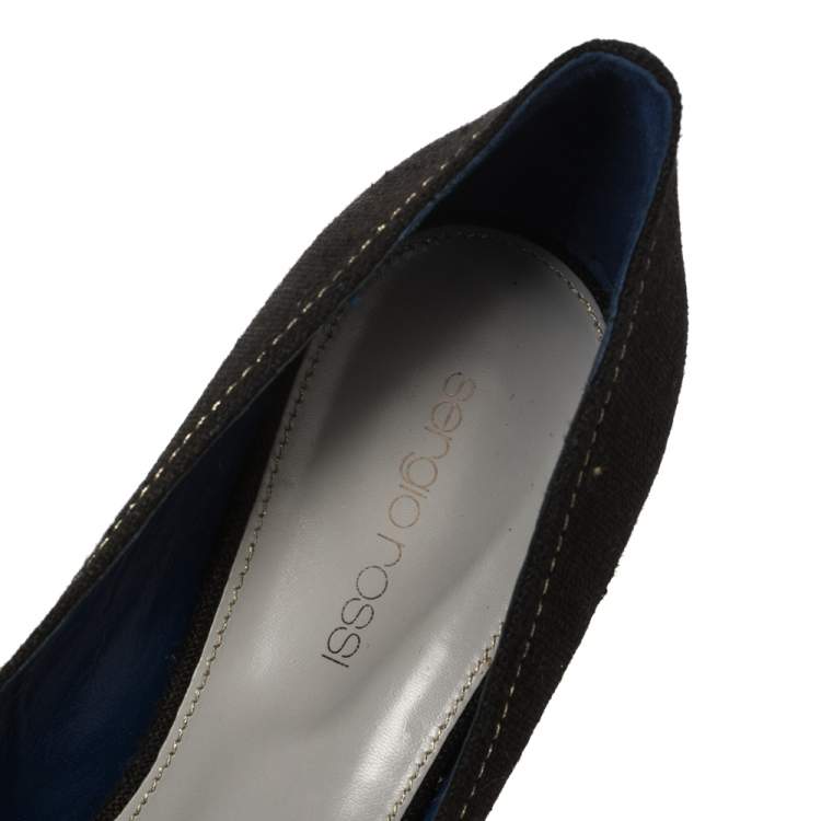 Pre Owned Sergio Rossi Black Canvas Platform Espadrille Wedge  Pumps Size 38.5