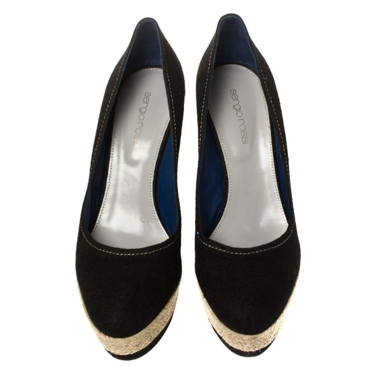 Pre Owned Sergio Rossi Black Canvas Platform Espadrille Wedge  Pumps Size 38.5