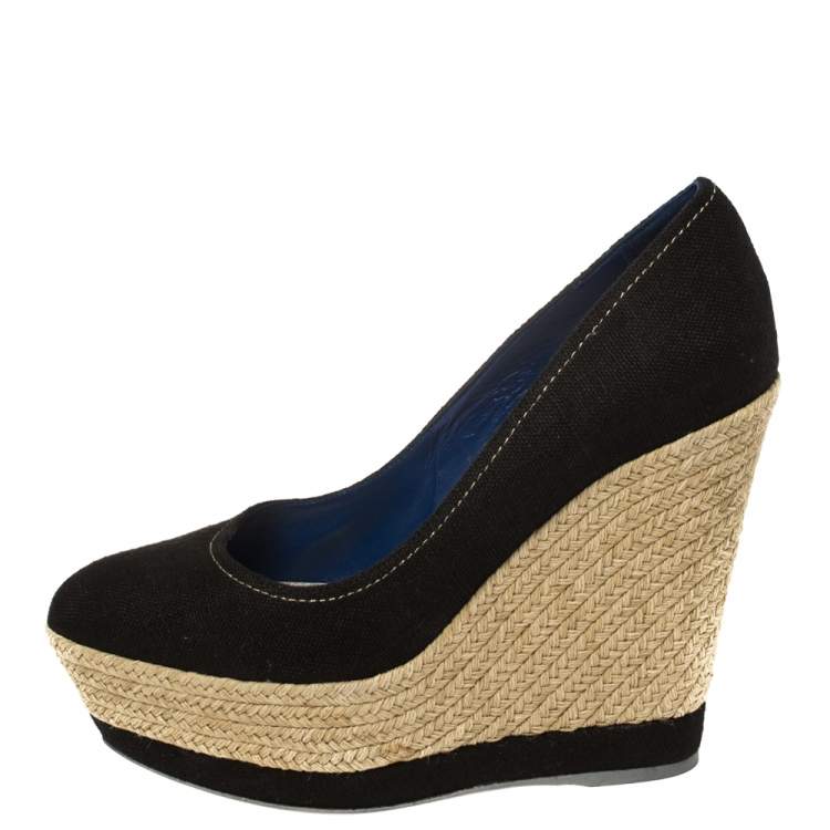 Pre Owned Sergio Rossi Black Canvas Platform Espadrille Wedge  Pumps Size 38.5