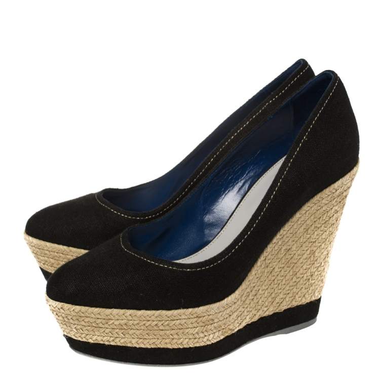 Pre Owned Sergio Rossi Black Canvas Platform Espadrille Wedge  Pumps Size 38.5