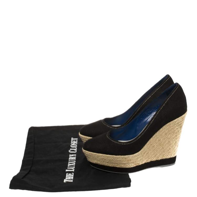 Pre Owned Sergio Rossi Black Canvas Platform Espadrille Wedge  Pumps Size 38.5