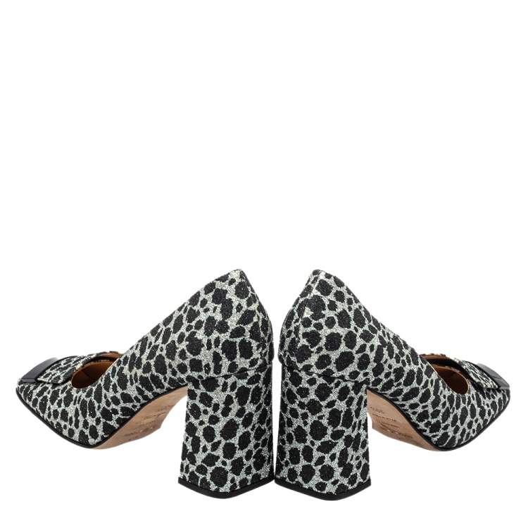 Pre Owned Sergio Rossi Black/Silver Animal Print Glitter SR1 Block Heel Pumps Size 39.5