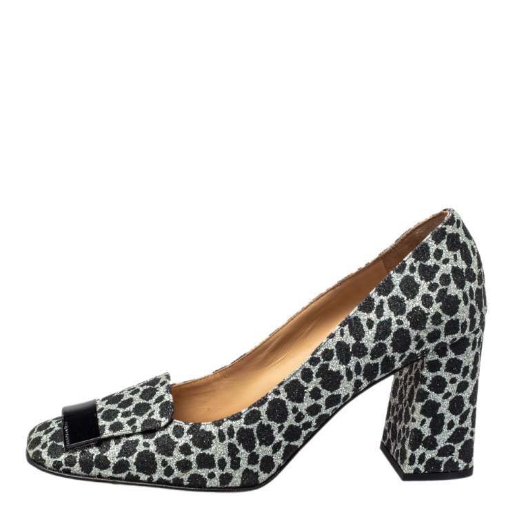 Pre Owned Sergio Rossi Black/Silver Animal Print Glitter SR1 Block Heel Pumps Size 39.5