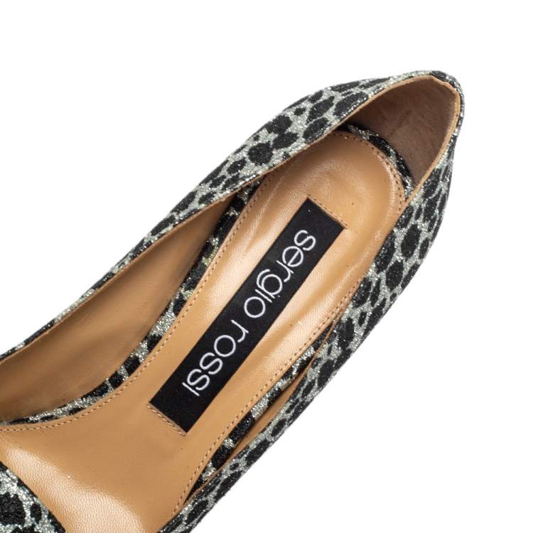 Pre Owned Sergio Rossi Black/Silver Animal Print Glitter SR1 Block Heel Pumps Size 39.5