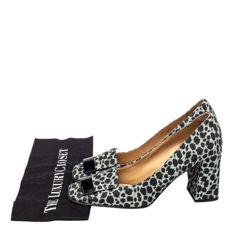 Pre Owned Sergio Rossi Black/Silver Animal Print Glitter SR1 Block Heel Pumps Size 39.5