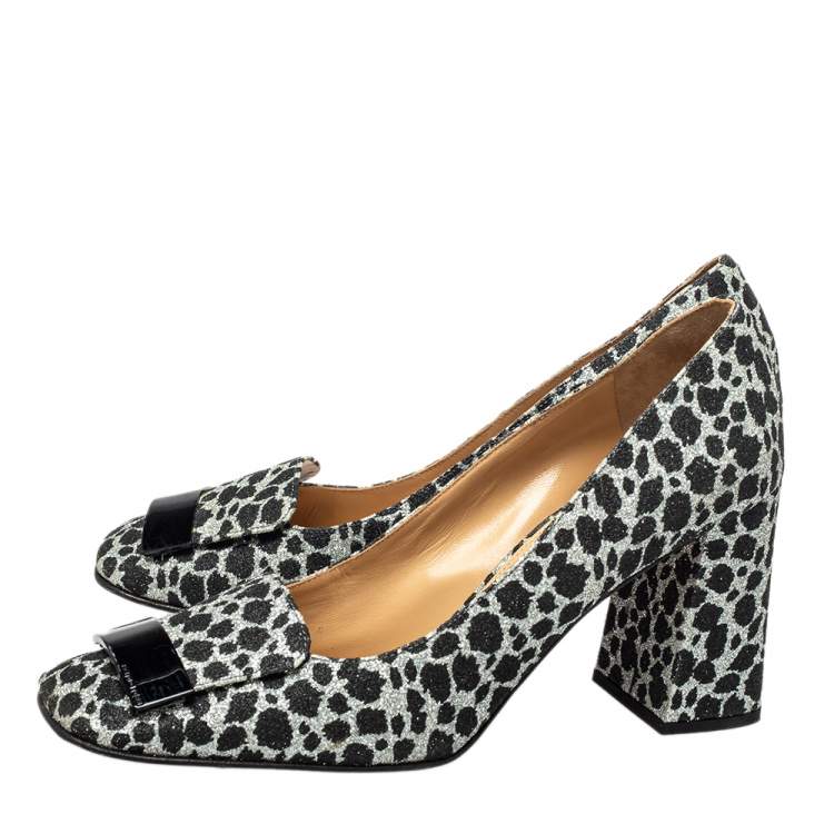 Pre Owned Sergio Rossi Black/Silver Animal Print Glitter SR1 Block Heel Pumps Size 39.5
