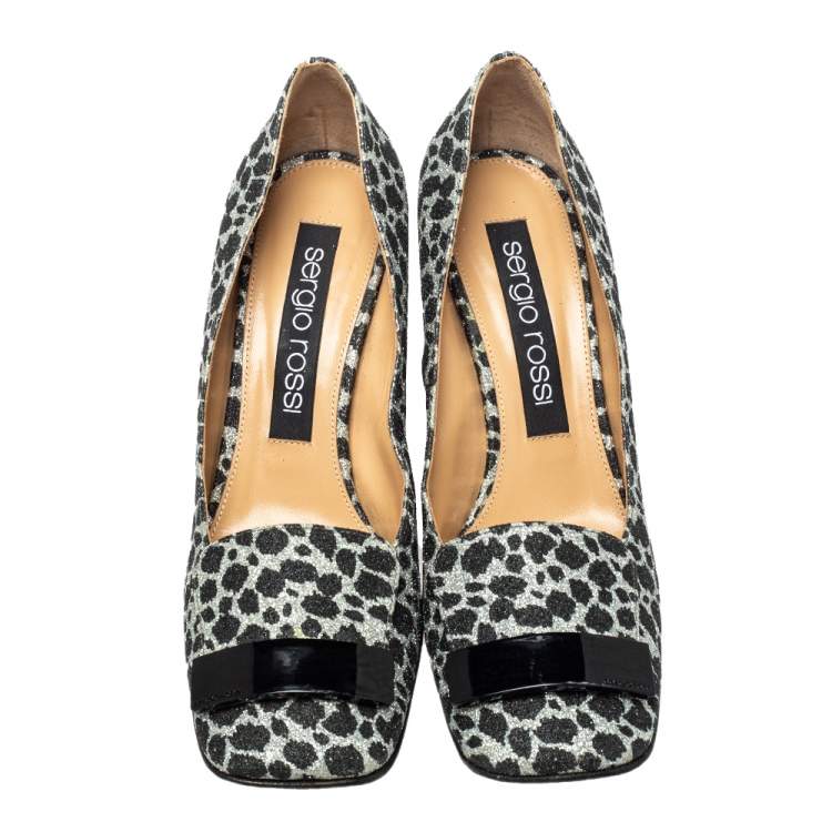 Pre Owned Sergio Rossi Black/Silver Animal Print Glitter SR1 Block Heel Pumps Size 39.5