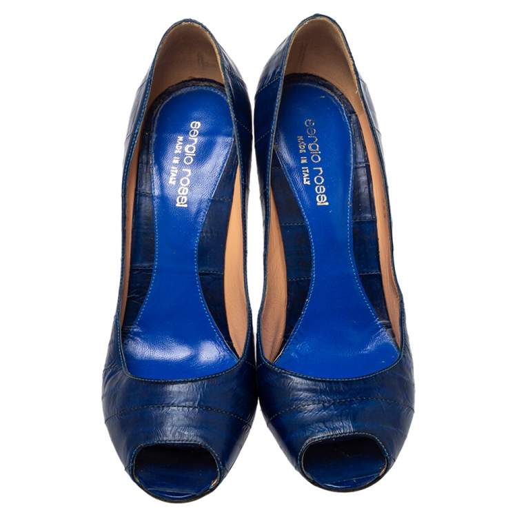 Pre Owned Sergio Rossi Blue Eel Leather Peep Toe Pumps Size 39.5