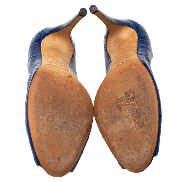 Pre Owned Sergio Rossi Blue Eel Leather Peep Toe Pumps Size 39.5