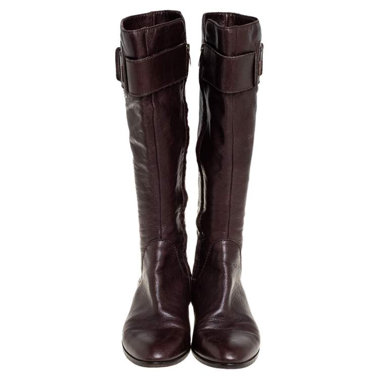 Pre Owned Sergio Rossi Brown Leather Bucke Embellished Mid Calf Boots Size 39.5