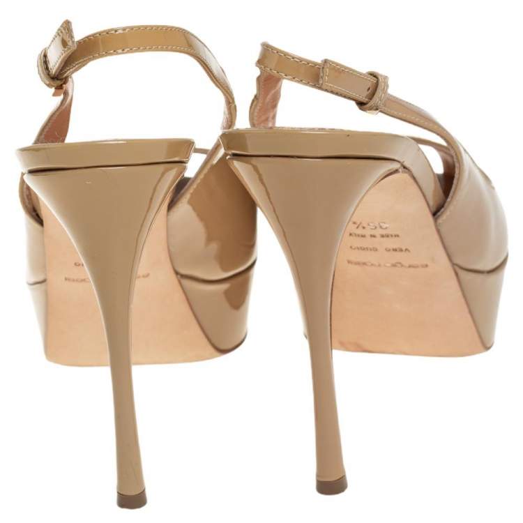 Pre Owned Sergio Rossi Beige Patent Leather Platform  Peep Toe Slingback Sandals Size 36.5