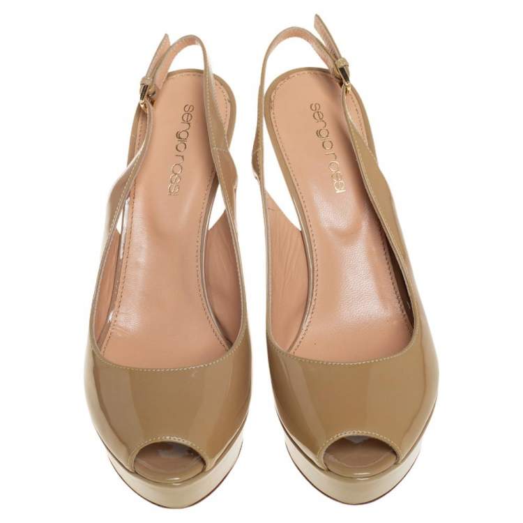 Pre Owned Sergio Rossi Beige Patent Leather Platform  Peep Toe Slingback Sandals Size 36.5