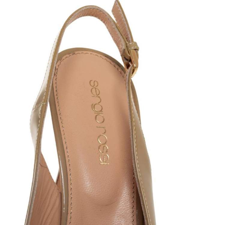 Pre Owned Sergio Rossi Beige Patent Leather Platform  Peep Toe Slingback Sandals Size 36.5