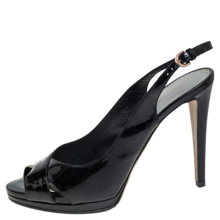 Pre Owned Sergio Rossi Black Patent Leather Slingback Platform Sandals Size 39