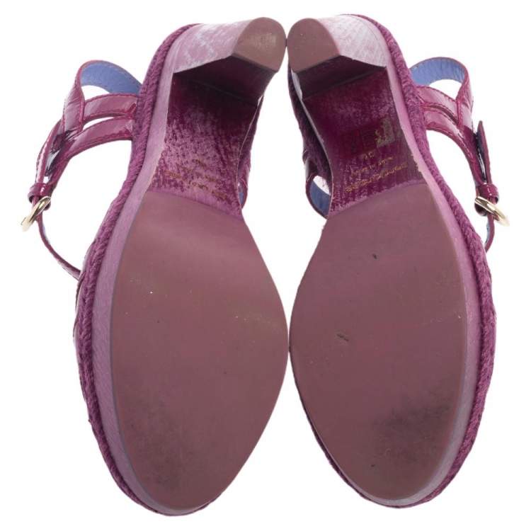 Pre Owned Sergio Rossi Purple Patent Leather Wooden Platform And Heel Ankle Strap Sandals Size 36