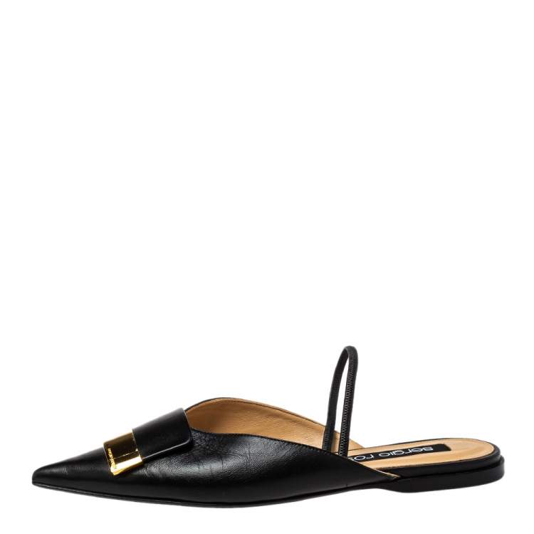 Pre Owned Sergior Rossi Black Leather Slingback Flat Mules Size 40