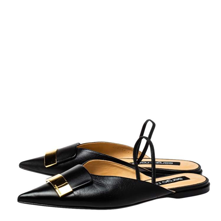 Pre Owned Sergior Rossi Black Leather Slingback Flat Mules Size 40