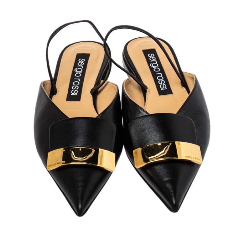 Pre Owned Sergior Rossi Black Leather Slingback Flat Mules Size 40