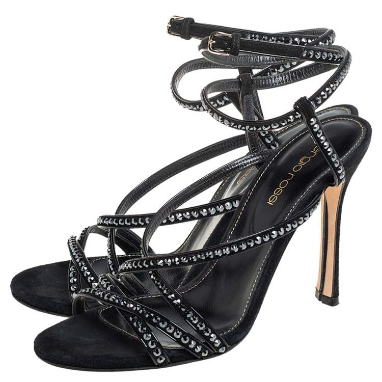Pre Owned Sergio Rossi Black Patent Leather Embellished Sandals Size 36