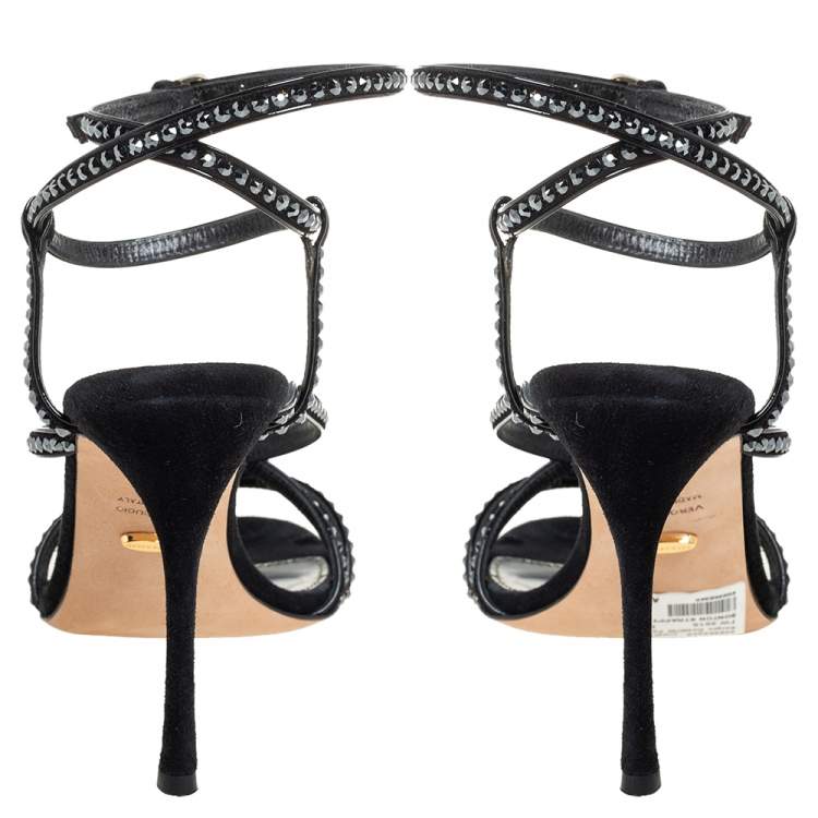 Pre Owned Sergio Rossi Black Patent Leather Embellished Sandals Size 36